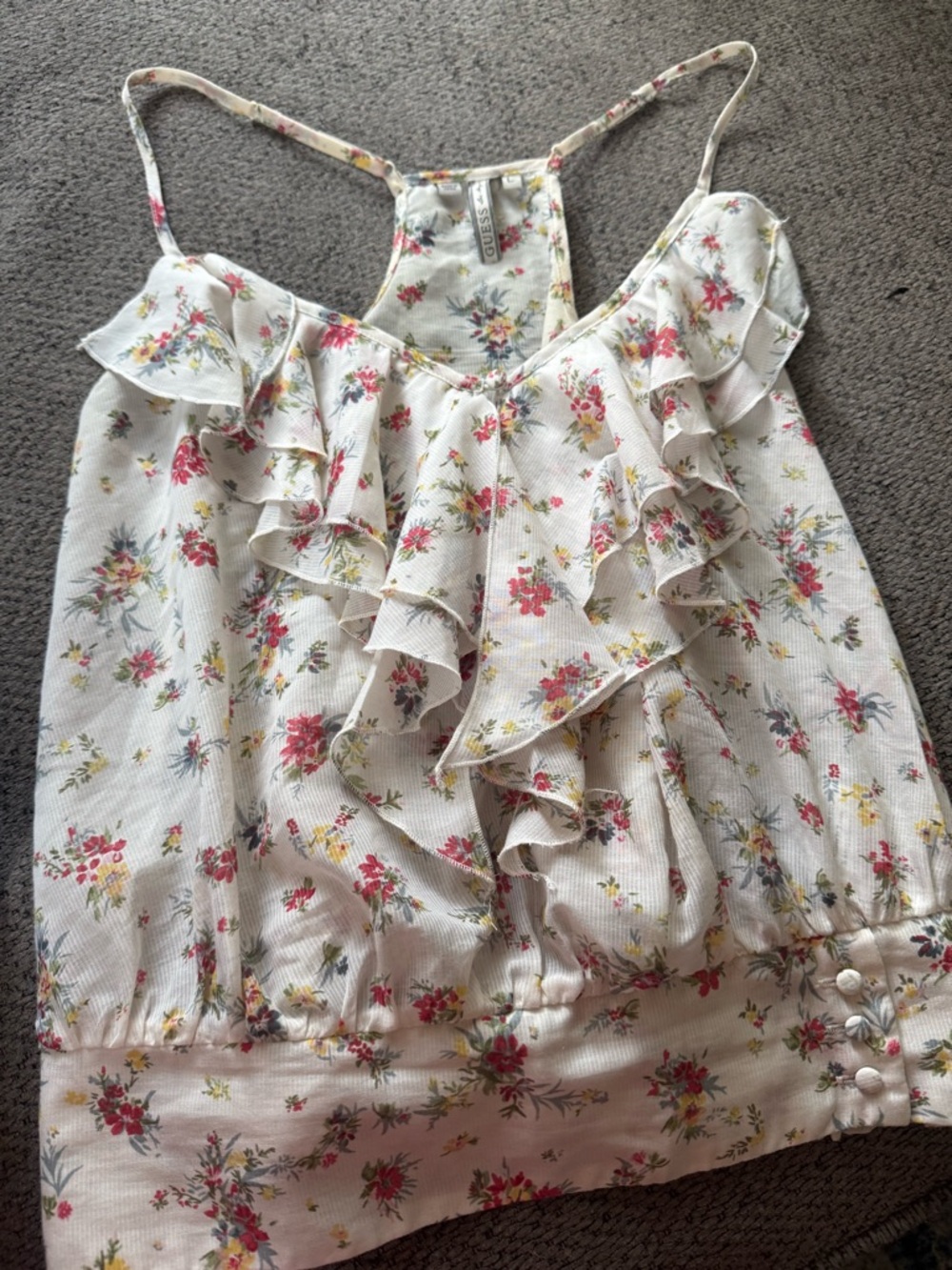 Guess Floral Ruffle Cami Tank Top - Ivory with Pink & Yellow Flowers